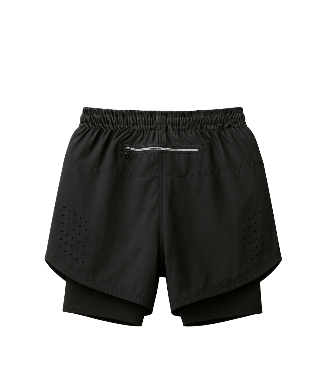 Black athletic shorts with a zipper pocket on a white background