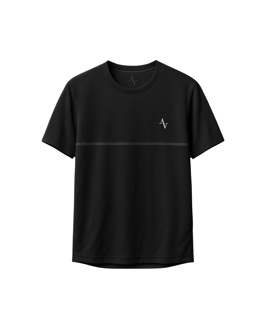 Black t-shirt with a small white logo on a white background