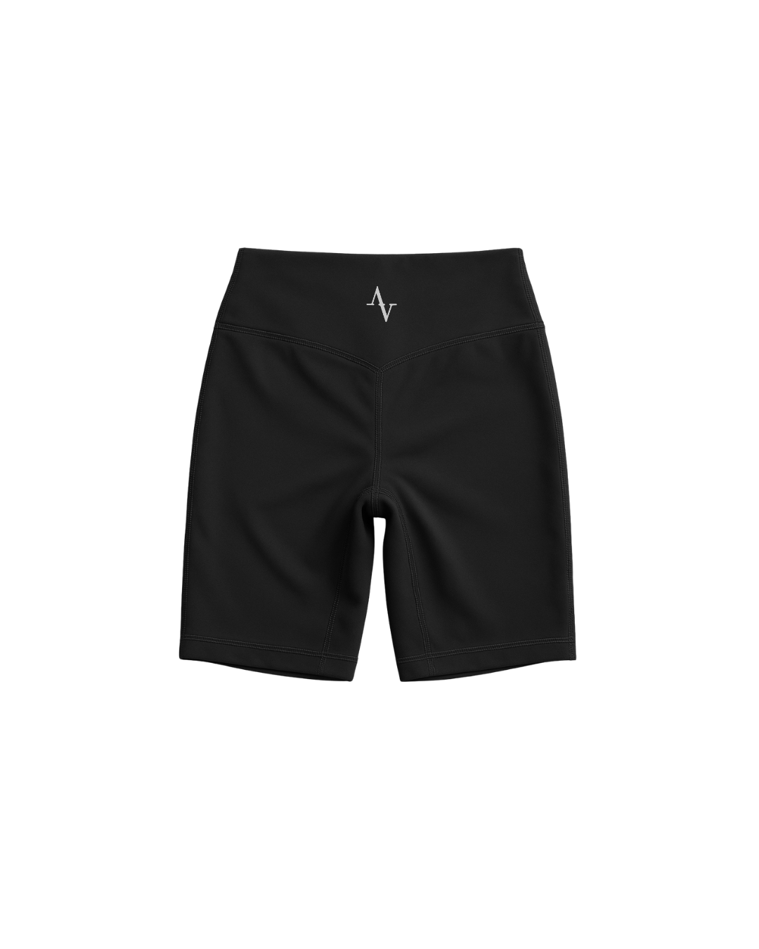 Black athletic shorts with a logo on a white background