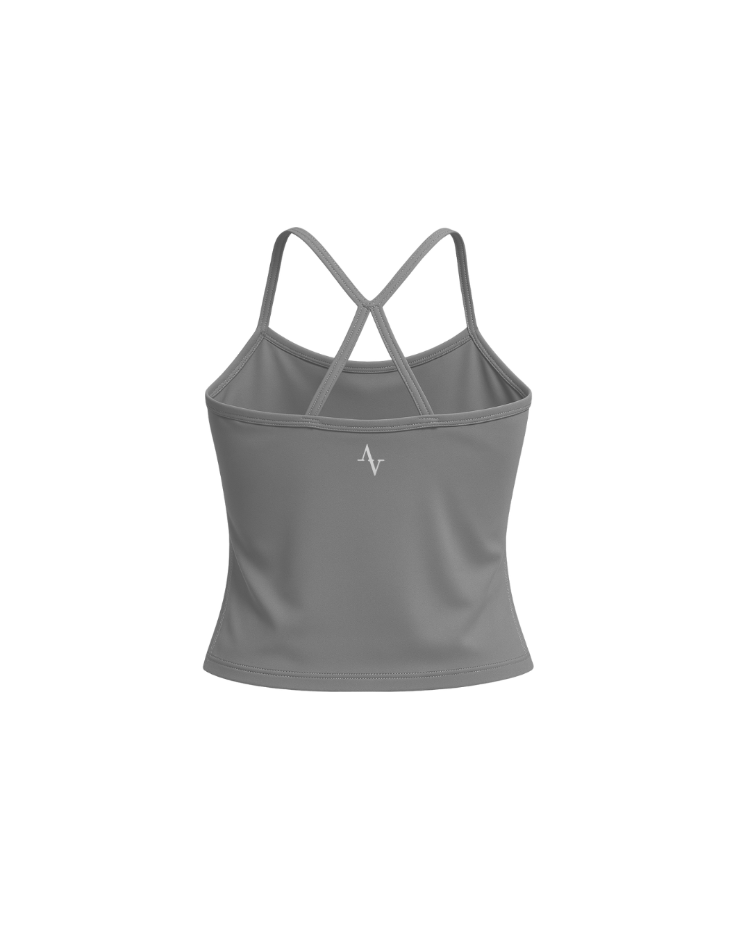 Gray tank top with criss-cross straps on a white background