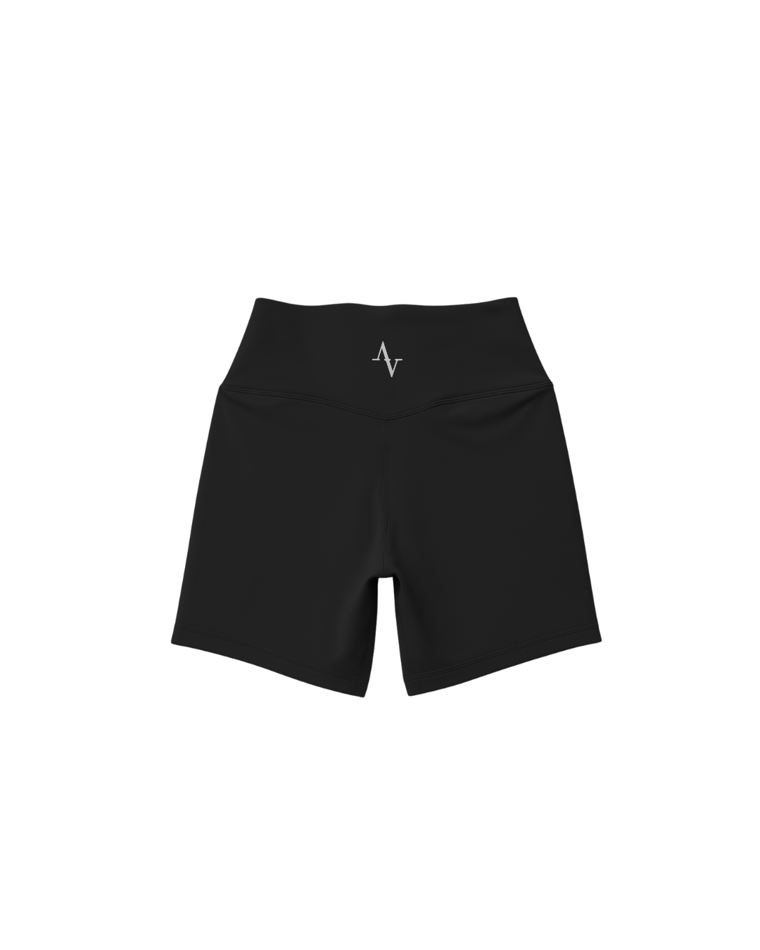 Black athletic shorts with a logo on a white background
